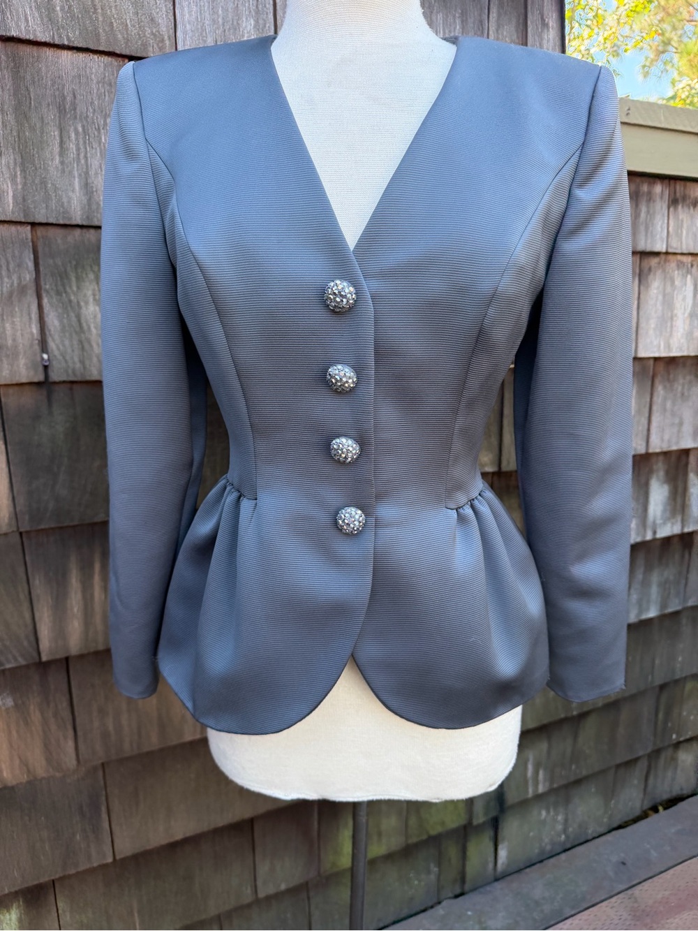 Victor Costa by Nahdree grey eveningwear peplum jacket rhinestones buttons Sz 4.